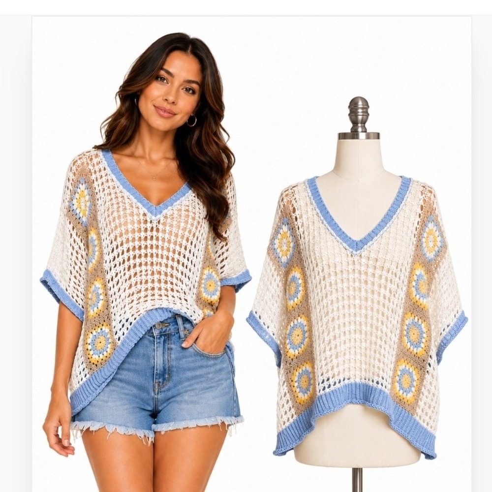 Mello Los Angeles Crochet Sweater Womens Large White Blue Granny Square MT40819